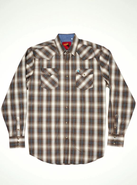 Rodeo Clothing Brown Plaid Pearl Snap Men's Big and Tall Collared Longsleeve Shirt PS400L-BT-461