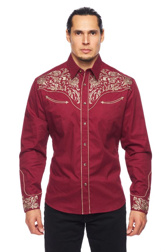 Rodeo Clothing Burgundy/Tan Men's Collared Longsleeve Western Shirt with Embroidery PS500L-564