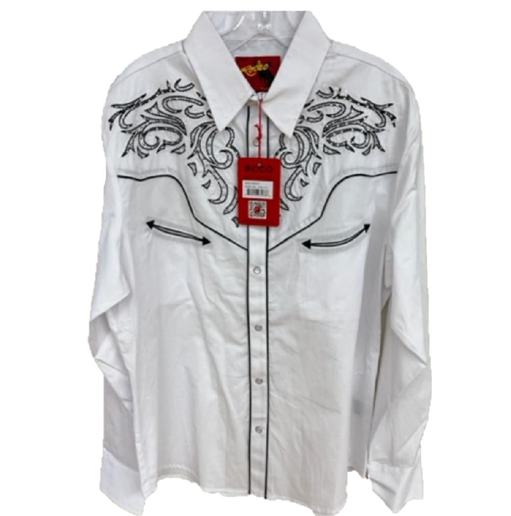 Rodeo Clothing White with Diamond Like Stones Men's Western Embroidered Collared Longsleeve Snap Shirt PS500D-1002