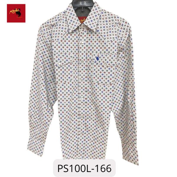 Rodeo Clothing White with Multicolor Print Mens Longsleeve Snap Shirt PS100L-166