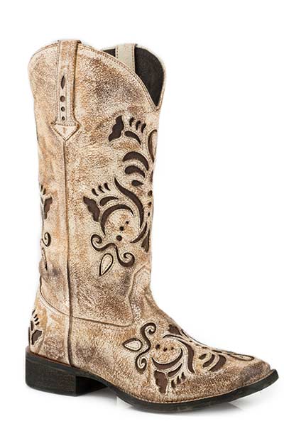 Roper Belle Antiqued & Burnished Cream Suede Womens Square Toe Western Boots 09-021-0901-2030