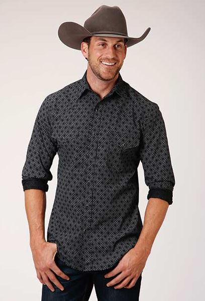 Roper Black and White Dot Print Mens Longsleeve Western Snap Shirt 0100100190625BL