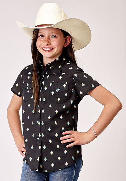 Roper Black Aztec Print Girl's Collared Short Sleeve Snap Front Shirt 308100640317BL