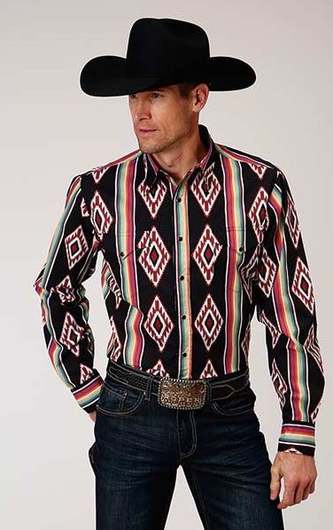 Roper Black Aztec Print with Serape Stripe Mens Longsleeve Western Shirt 0300104850658BL
