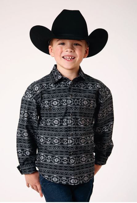 Roper Black Aztec Stripe with Print Boy's Long Sleeve Collared Snap Shirt 303000670102BL