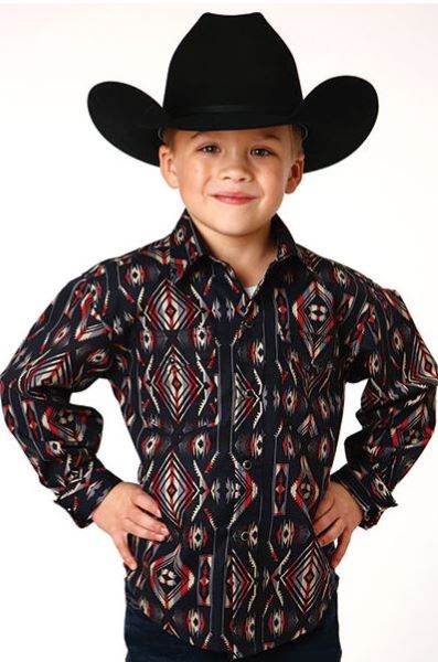 Roper Black Aztec Vertical Print Boy's Long Sleeve Snap Shirt 303004850616BL