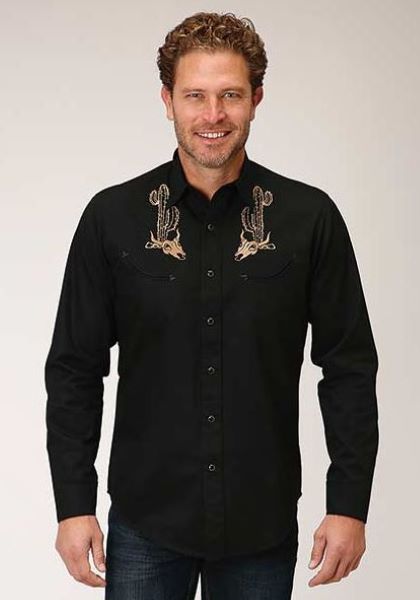 Roper Black Cactus and Steer Mens Western Snap Shirt 0300100400766BL
