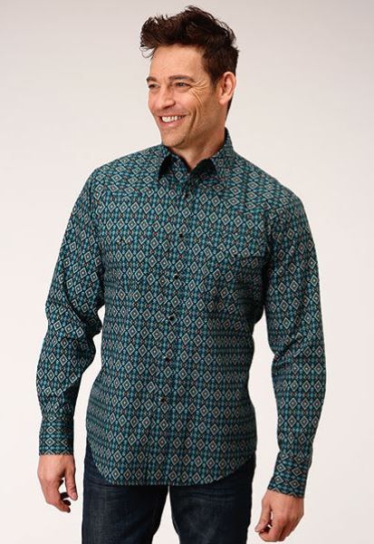 Roper Black Diamond Aztec Print Men's Long Sleeve Snap Front Shirt 300100640775BL