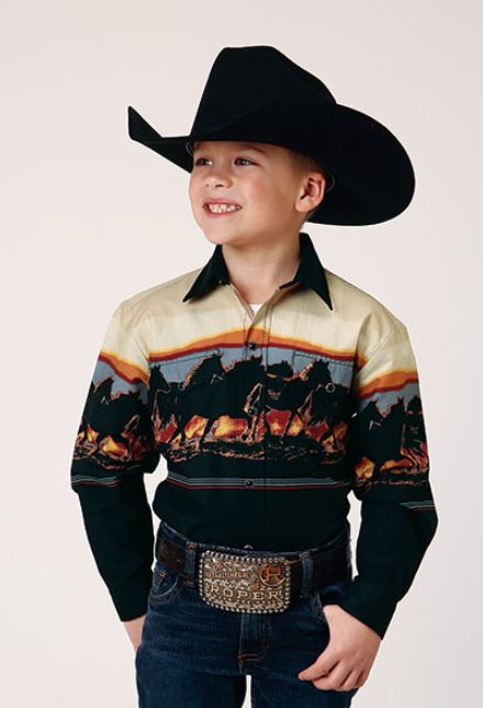 Roper Black Scenic Horse Border/White Boy's Collared Longsleeve Snap Shirt 303004210106BL
