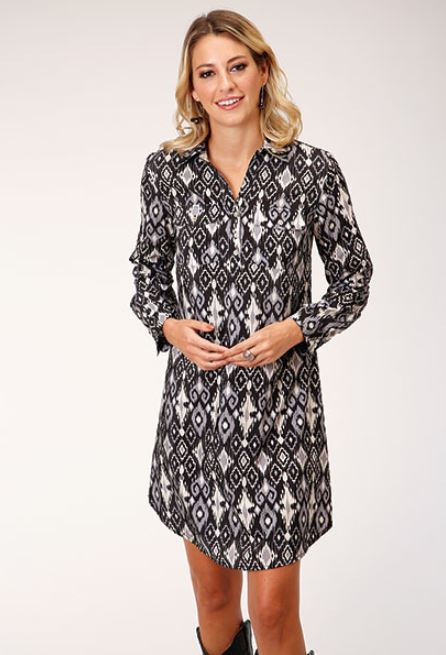 Roper Black/White Ikat Print Poly Crepe Women's Collared Long Sleeve Shirt Dress 305705907018BL