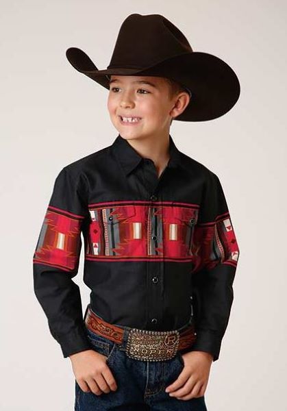 Roper Black with Red Serape Border Longsleeve Boys Shirt 0303004310664BL