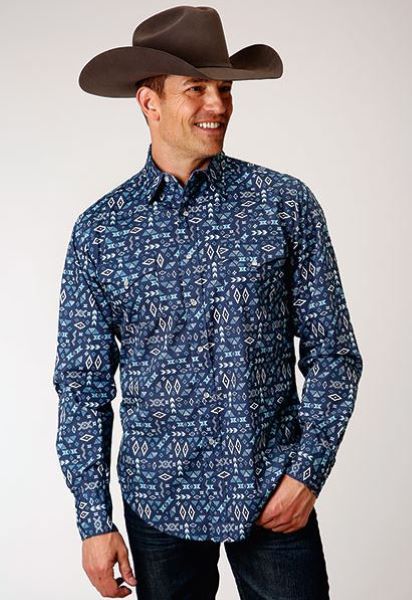 Roper Blue All Around Aztec Print Men's Long Sleeve Snap Front Shirt 300100644043BU