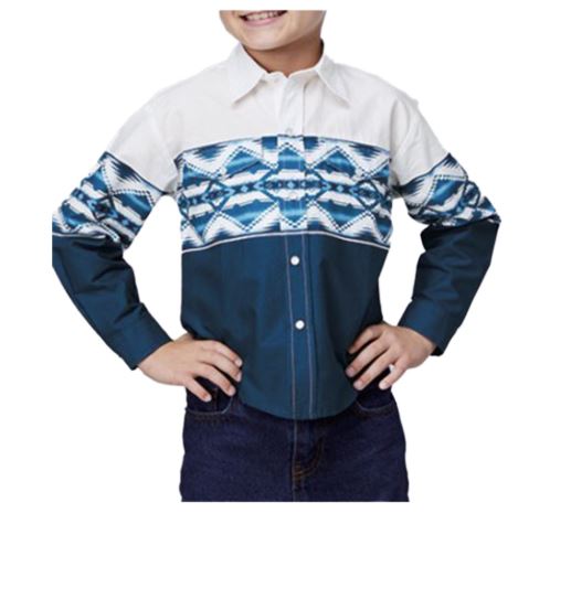 Roper Blue Aztec Border Boy's Collared Longsleeve Snap Shirt 03-030-0431-0410 BU