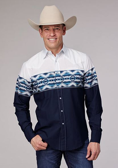 Roper Blue Aztec Border Men's Collared Long Sleeve Vintage Style Snap Shirt 03-001-0431-0410 BU