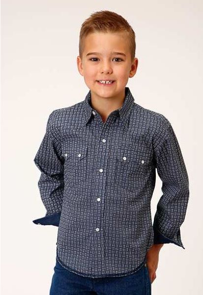 Roper Blue Checkered Arrows Longsleeve Performance Print Shirt 0303000640771BU