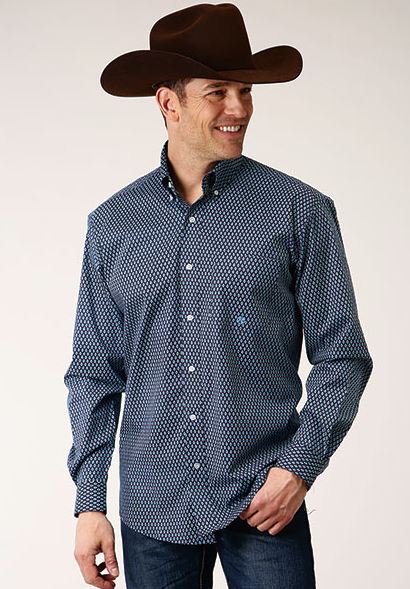 Roper Blue Diamond Neat Men's Collared Longsleeve Stretch Poplin Button Front Shirt 03-001-0326-6008 BU