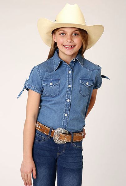 Roper Blue Girl's Short Sleeve Denim Blouse with Short Puff Tie Sleeves 308105942041BU
