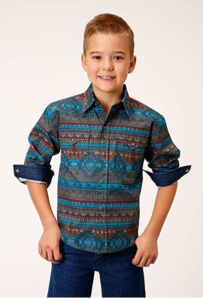 Roper Blue Horizontal Print Longsleeve Boys Shirt 0303000670777BU