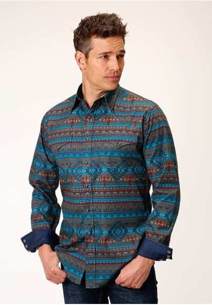 Roper Blue Horizontal Print Longsleeve Mens Shirt 0300100670777BU