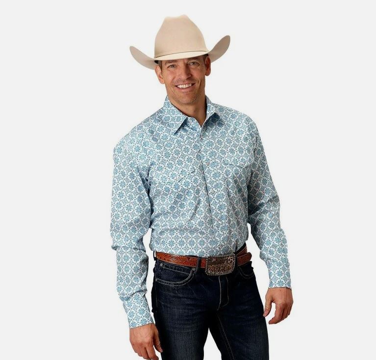 Roper Blue Medallion Men's Collared Longsleeve Snap Shirt 03-001-0225-4023 BU