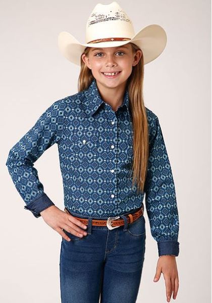 Roper Blue Mini Aztec Print Girl's Long Sleeve Snap Front Shirt 308000640309BU