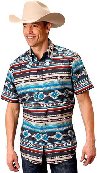 Roper Blue Multi Stripes/Aztec Print Men's Short Sleeve Snap Shirt 03-002-0067-0310 BU