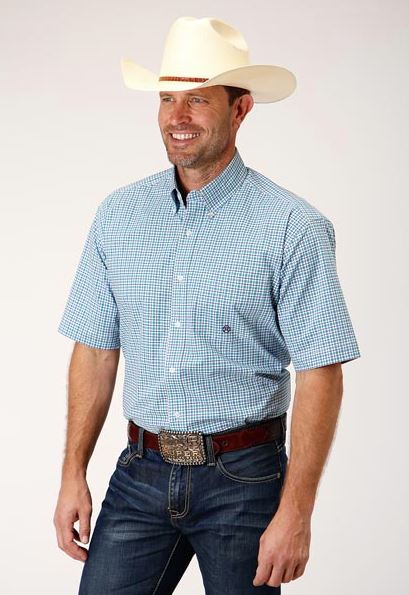 Roper Blue Plaid Men's Collared Short Sleeve Stretch Poplin Longsleeve Shirt 03-002-0379-2107 BU