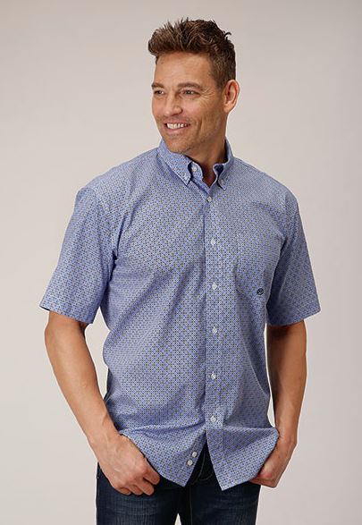 Roper Blue Thistle Foulard Men's Button Down Collar Short Sleeve Shirt 03-002-0326-4019 BU