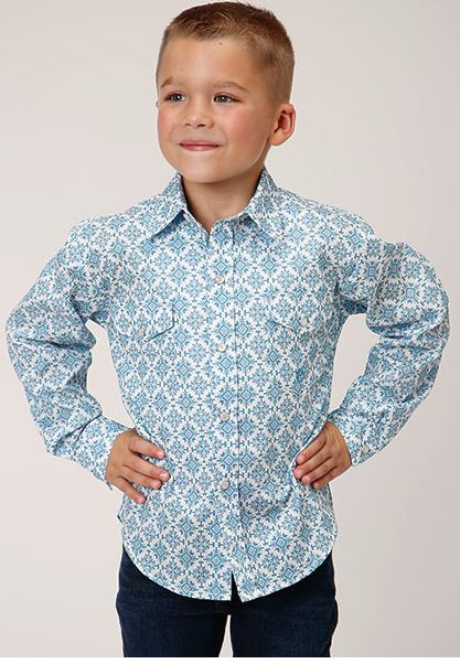Roper Blue/Turquoise Medallion Boy's Collared Long Sleeve Western Snap Front Shirts 03-030-0225-4023 BU