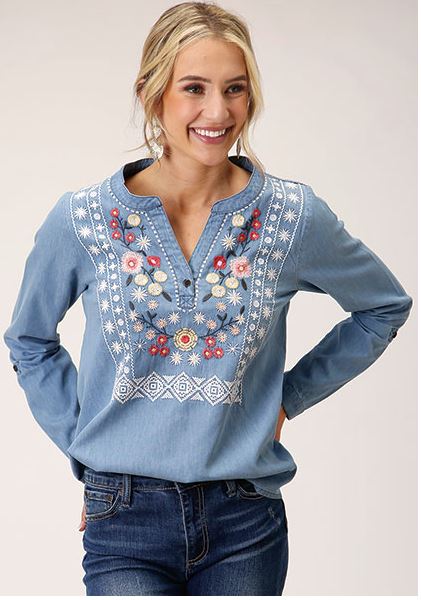 Roper Blue Women's Split V Placket with Banded Collar Lightweight Cotton Denim Shirt 305005653030BU