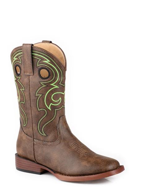 Roper Brown Faux Leather Upper Little Kids Wide Square Toe Boots with Pull Holes 0901819003498BR