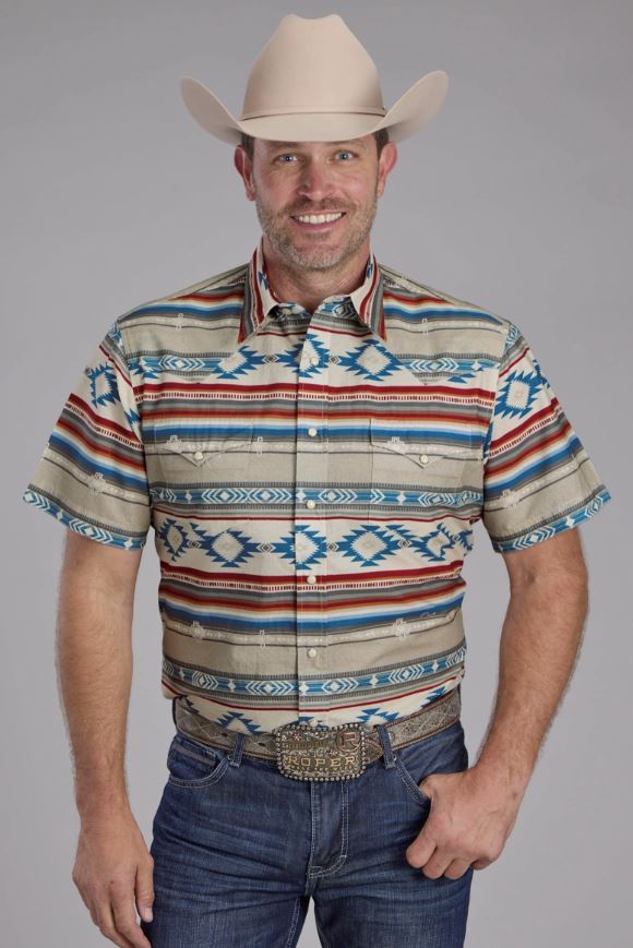 Roper Brown Multi Horizonatal Stripe/Aztec Print Men's Collared Short Sleeve Snap Shirt 03-002-0067-0252
