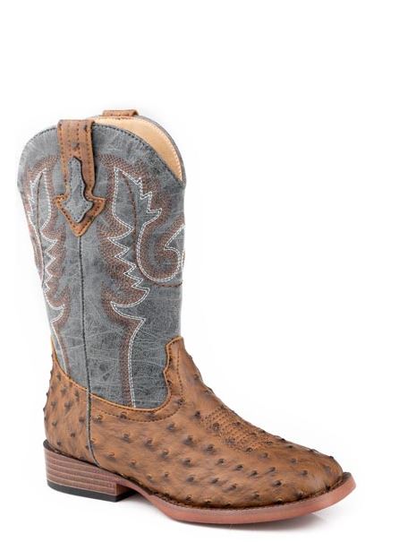 Roper Brown w/Blue Shaft Little Kids Wide Square Toe Faux Leather Brown Ostrich Vamp Boots 0901819003436BR