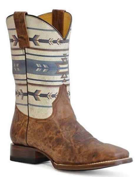 Roper Burnished Tan with White Native Design Top Cowboy Aztek Mens Western Boots 0902070168424TA