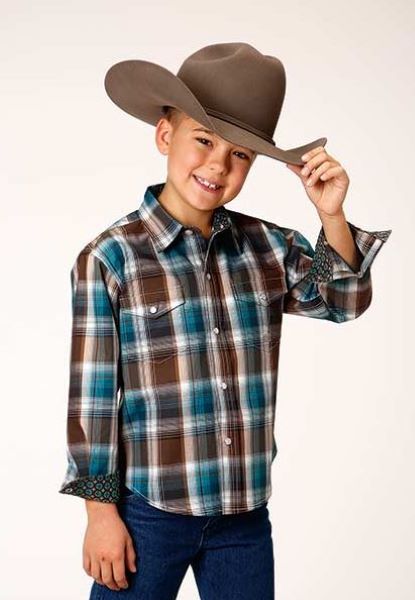 Roper Chocolate and Teal Plaid Longsleeve Boys Shirt 0303002787021BR