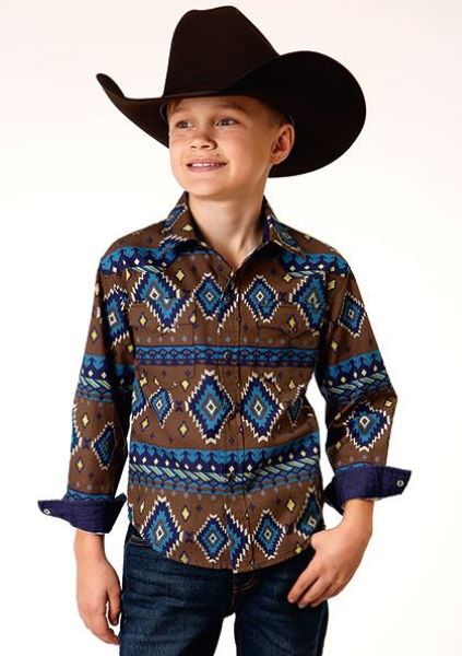 Roper Chocolate Aztec Print Boy's Long Sleeve Snap Front Shirt 303000670760BR
