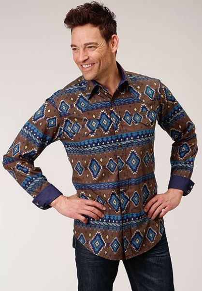 Roper Chocolate Aztec Print Men's Long Sleeve Snap Front 300100670760BR