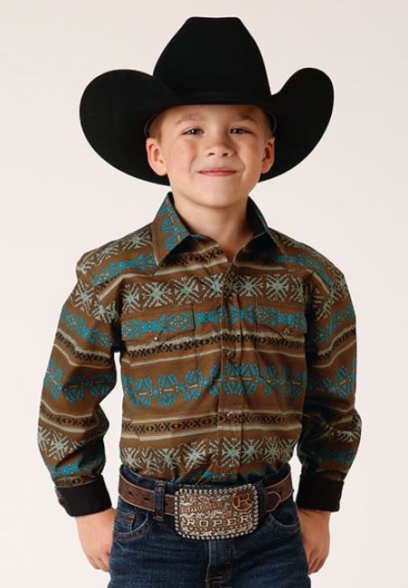 Roper Clay Horizontal Aztec Print Boy's Long Sleeve Collared Snap Shirt 303000670788BR