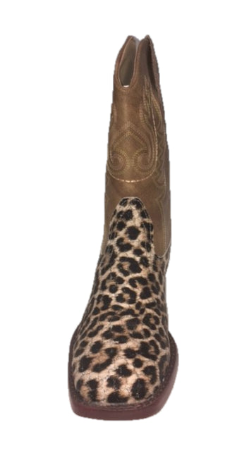 Roper Dark Tan Top And Gold Glitter Flecks On Faux Leopard Bottom Little Kids Square Toe Western Boots 0901819012800TA