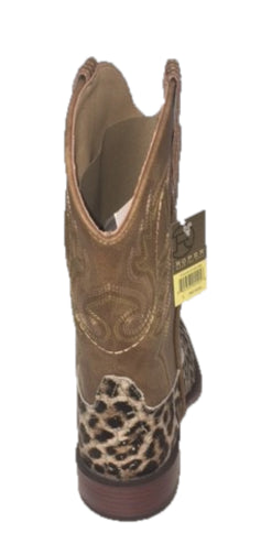 Roper Dark Tan Top And Gold Glitter Flecks On Faux Leopard Bottom Little Kids Square Toe Western Boots 0901819012800TA