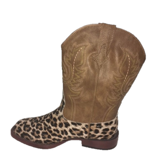Roper Dark Tan Top And Gold Glitter Flecks On Leopard Bottom Big Kids Square Toe Western Boots 0911919012800TA
