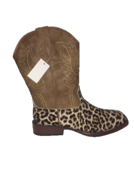 Roper Dark Tan top and Gold Glitter flecks on Leopard bottom Big Kids Square Toe Western Boots 0911919012800TA