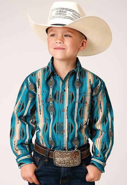 Roper Green Aztec Print Boy's Long Sleeve Snap Front Shirt 303004850305GR