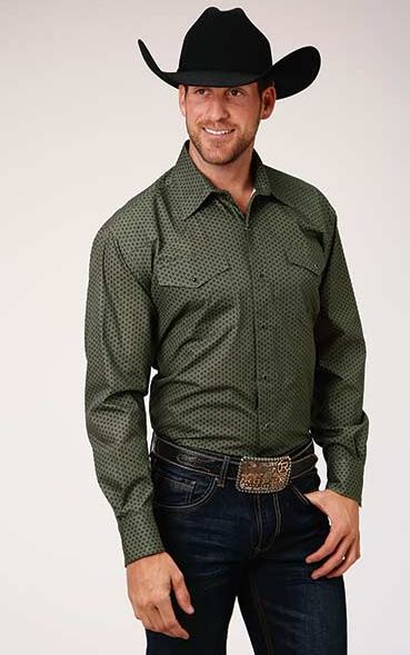 Roper Green Olive Star Foulard Mens Long Sleeve Shirt 0300102250774GR