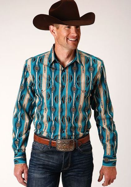 Roper Green Vertical Aztec Print Stripe Men's Longsleeve Snap Shirt 300104850305GR