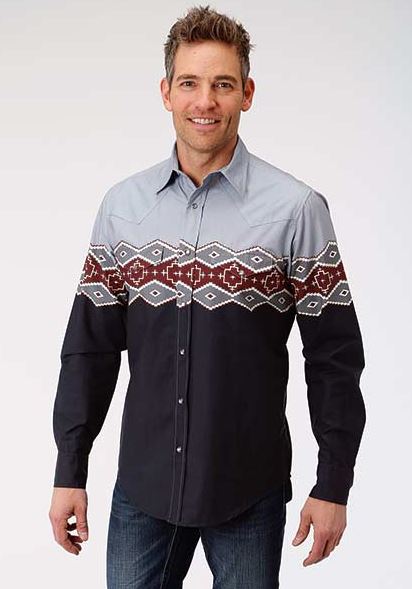 Roper Grey Black and Red Vintage Roper Border Print Longsleeve Mens Shirt 0300104310613GY