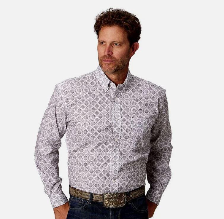 Roper Grey Medallion Print Men's Button Down Collar Longsleeve Button Front Shirt 03-001-0326-4028 GY