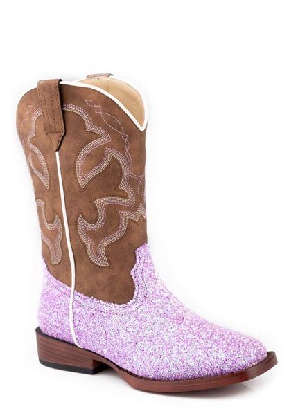 Roper Lavender Glitter Little Kids Faux Leather Wide Square Toe Western Boots 0901819013434PU