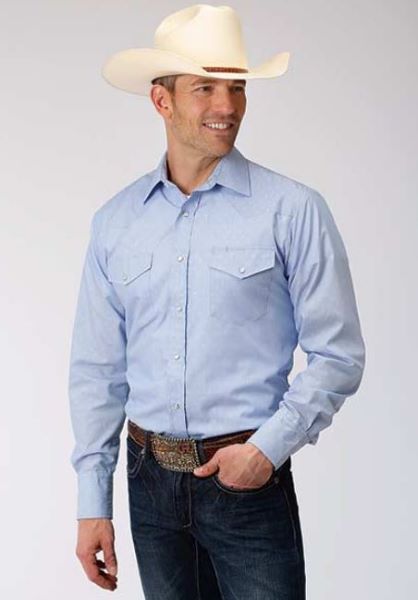 Roper Light Blue Double Diamond Tonal Print Men's Longsleeve Western Snap Shirt 101450360BU