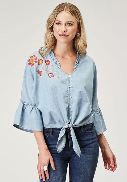 Roper Light Blue Women's Cotton Denim Blouse with V-Neck and Button Front 305005653065BU